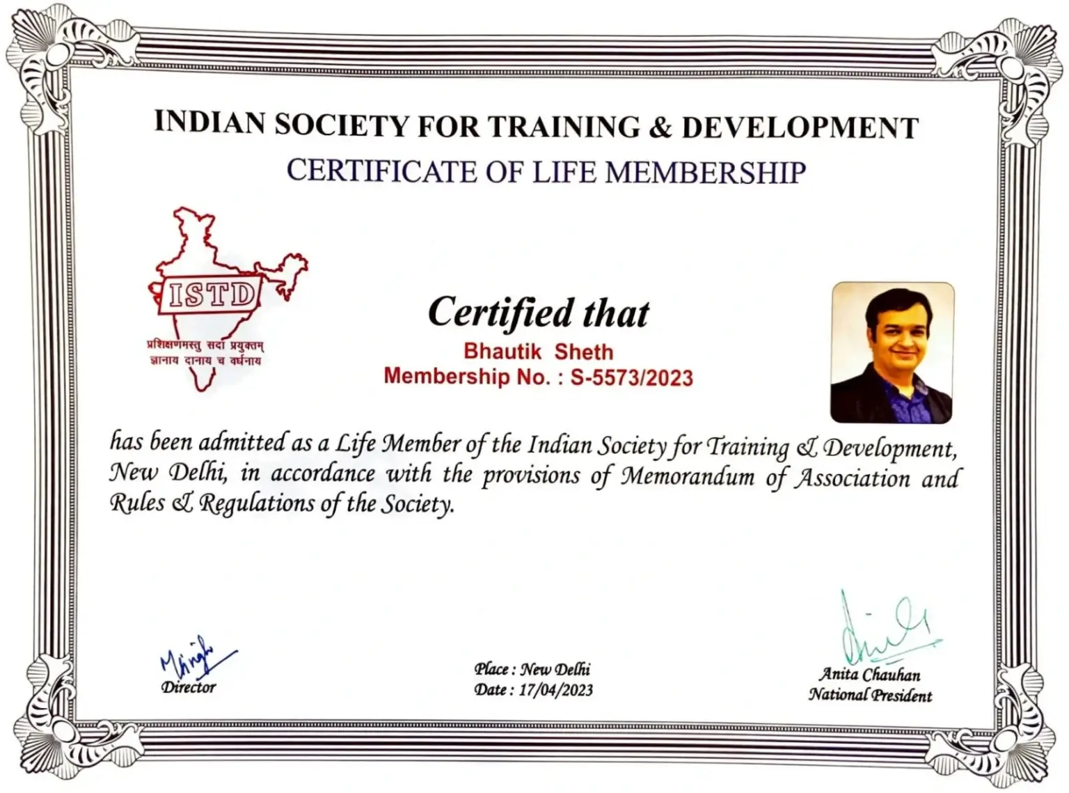 indian society for training and development certificate